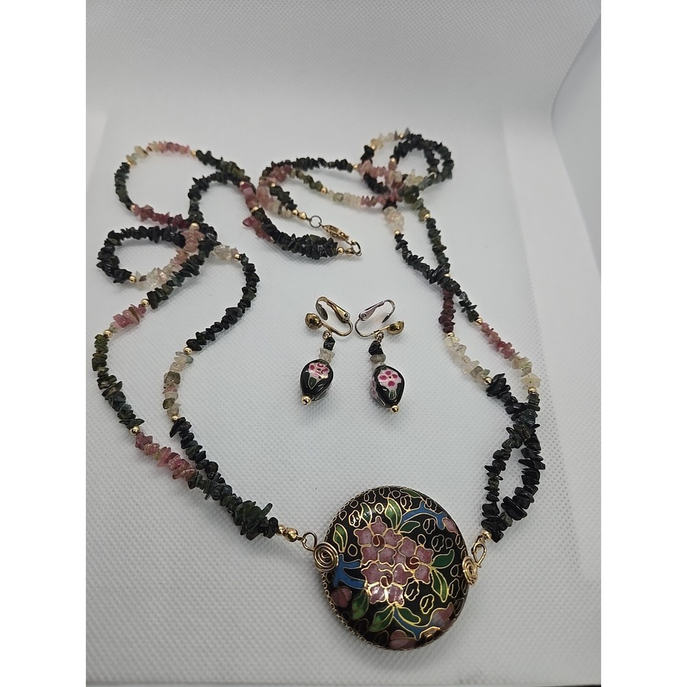 Vtg Cloisonne Enameled Round Double Sided Pendant Tourmaline Necklace & Earrings